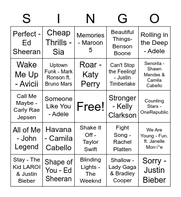 POP SONGS Bingo Card