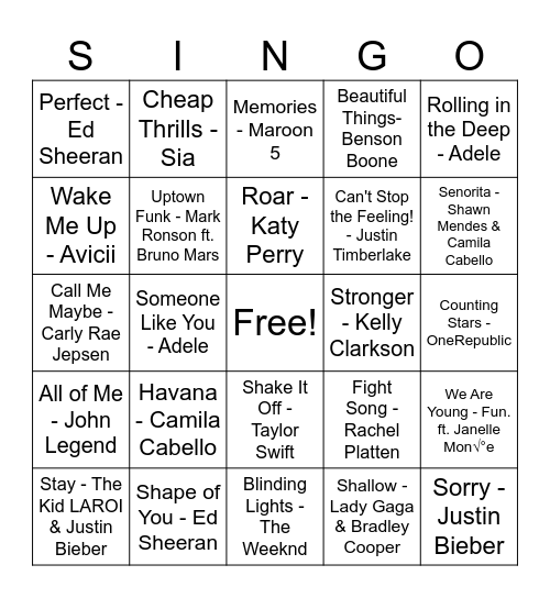 POP SONGS Bingo Card