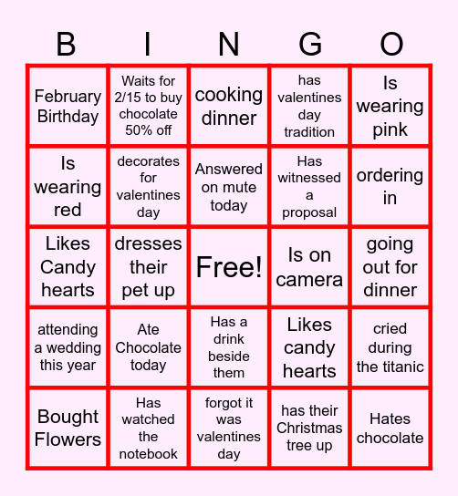 Valentines Day Bingo Card