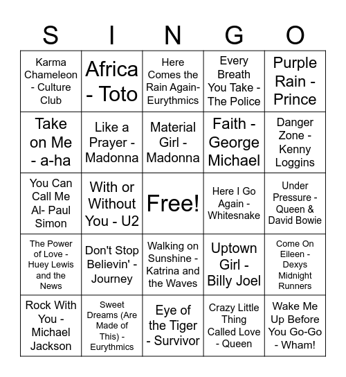 Best of the 80s Bingo Card