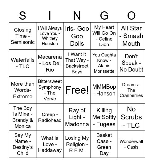 Best of the 90s Bingo Card