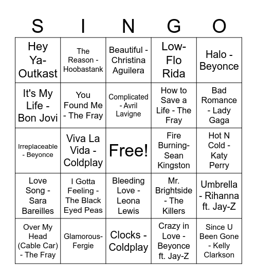 Best of the 2000s Bingo Card