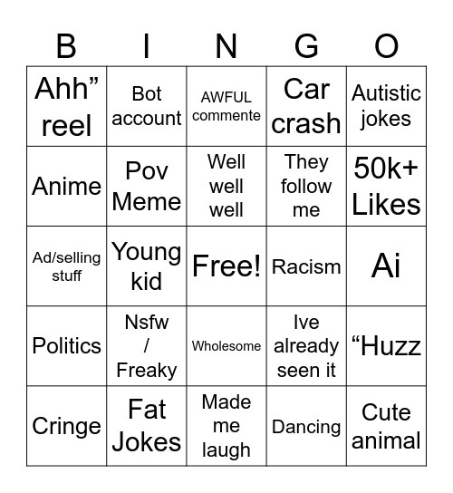 Instagram Bingo Card