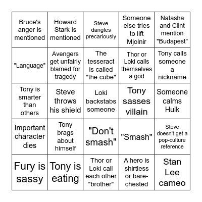 AVENGERS Bingo Card