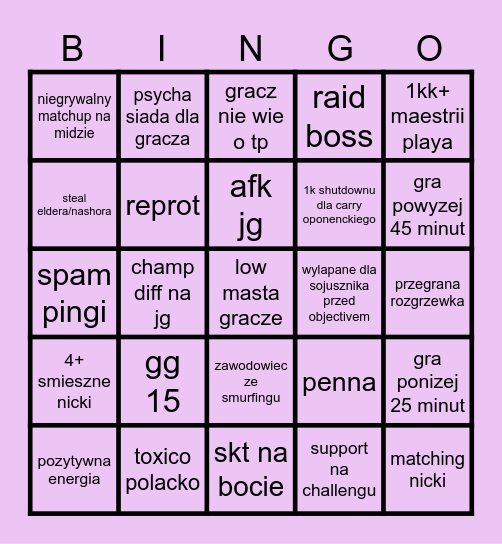 ligusia Bingo Card