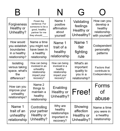 HEALTHY/UNHEALTHY RELATIONSHIPS Bingo Card