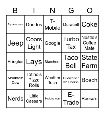 Superbowl Comercials Bingo Card