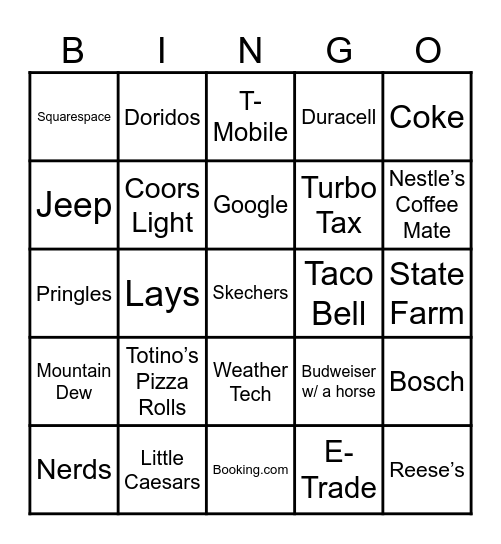 Superbowl Comercials Bingo Card