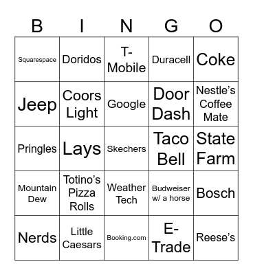 Superbowl Comercials Bingo Card