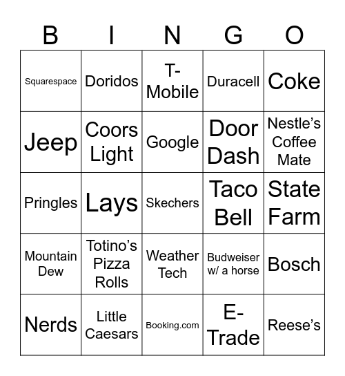 Superbowl Comercials Bingo Card