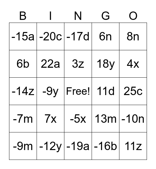 Combining Like Terms Bingo Card