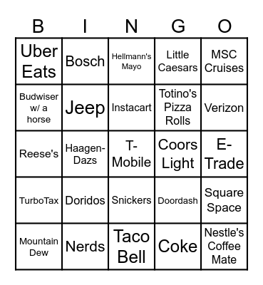 Superbowl Comercials Bingo Card