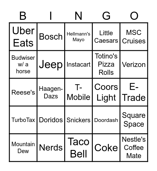 Superbowl Comercials Bingo Card