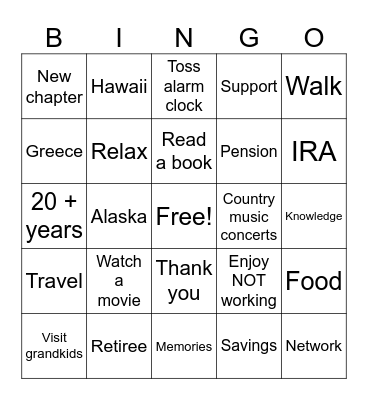 Retirement Bingo Card