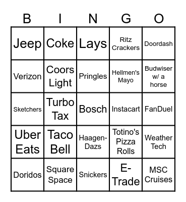 Super Bowl Comercials Bingo Card