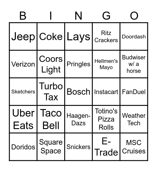 Super Bowl Comercials Bingo Card