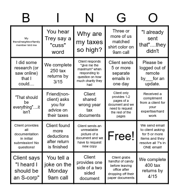Tax Season Bingo Card