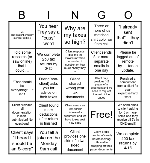 Tax Season Bingo Card