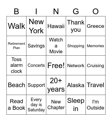 Retirement Bingo Card