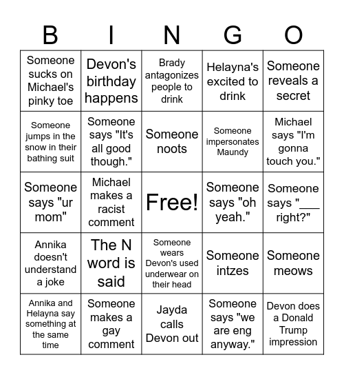 Trip Bingo Card