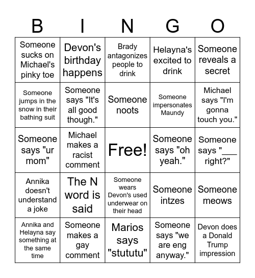 Trip Bingo Card