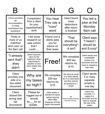 Tax Season Bingo Card