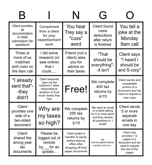 Tax Season Bingo Card