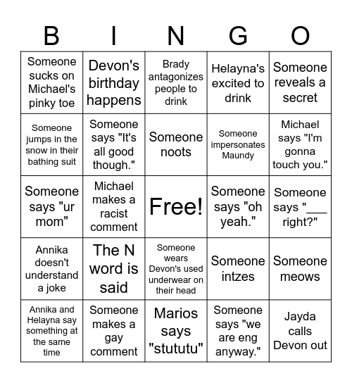 Trip Bingo Card