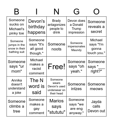 Trip Bingo Card