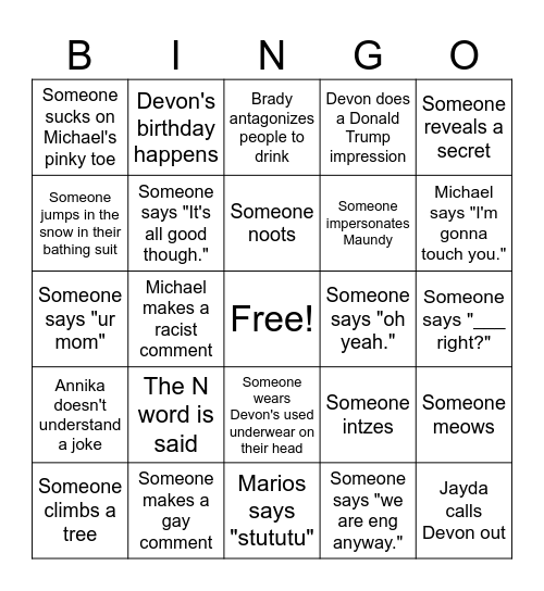 Trip Bingo Card