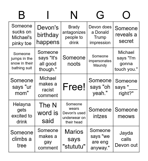 Trip Bingo Card