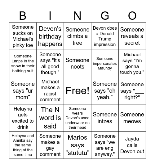 Trip Bingo Card