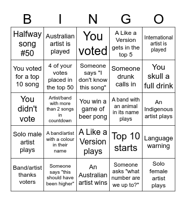 Hottest 100 Bingo Card