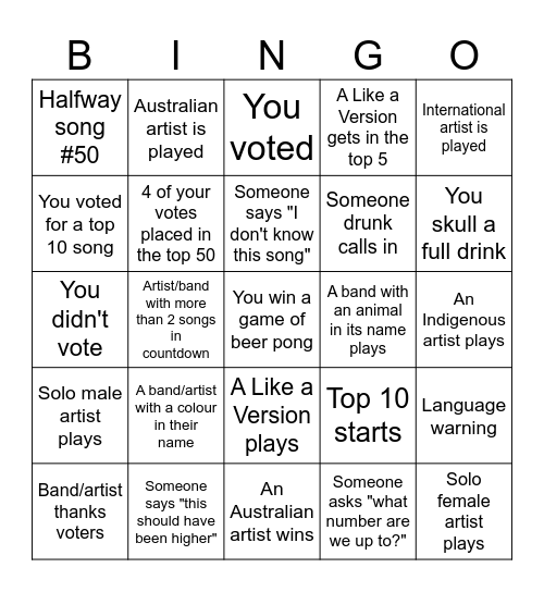 Hottest 100 Bingo Card