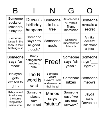 Trip Bingo Card