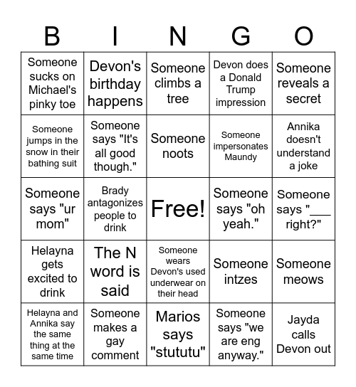 Trip Bingo Card