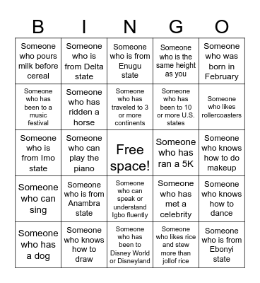 Find a different person for each square! Bingo Card