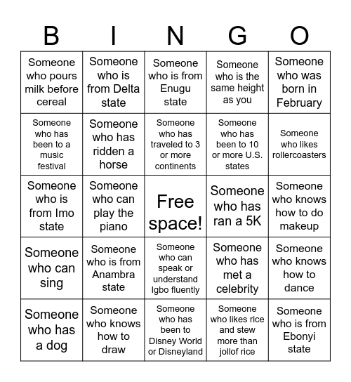 Find a different person for each square! Bingo Card
