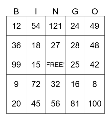 Multiplication Bingo Card