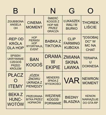 BINGO HOPAKÓW NA YFL Bingo Card