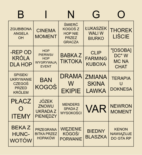 BINGO HOPAKÓW NA YFL Bingo Card