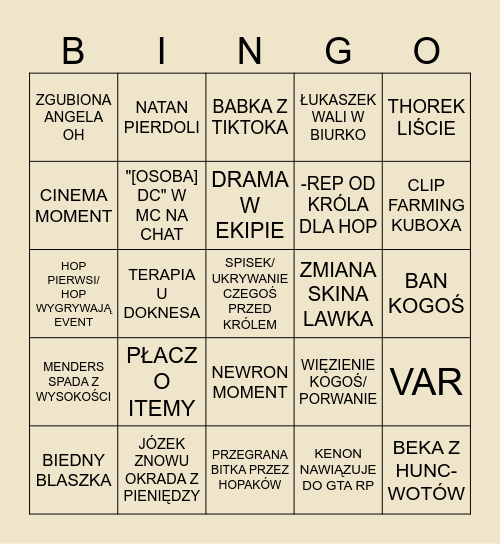 BINGO HOPAKÓW NA YFL Bingo Card