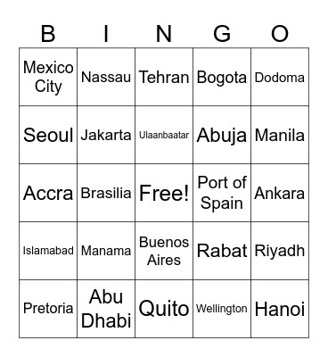 Capital Cities Bingo Card