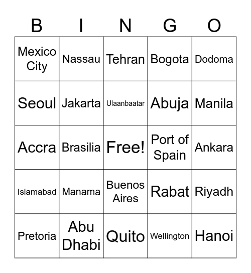 Capital Cities Bingo Card