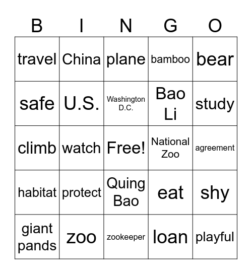 Giant Pandas in D.C. Bingo Card