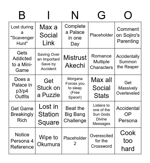 Jacob SoSBros Persona 5 Bingo Card