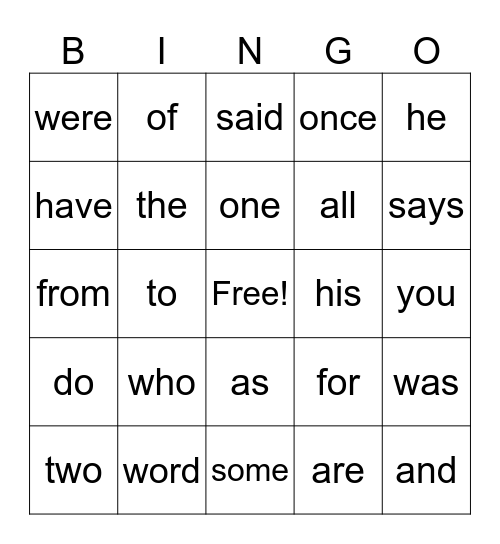 Tricky Word BINGO Card