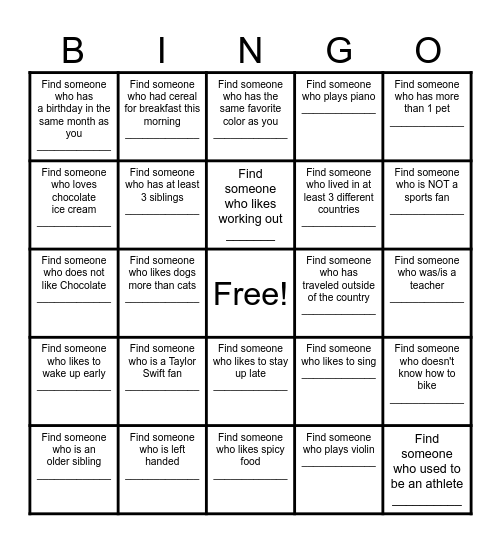 Friendship BINGO Card