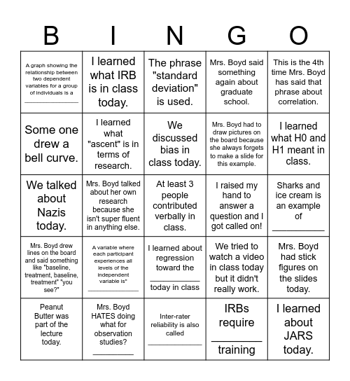 Research Methods BINGOO Bingo Card