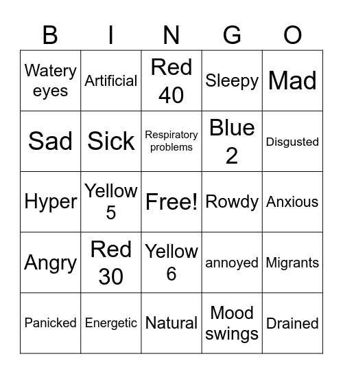 Food Dye Bingo !! Bingo Card